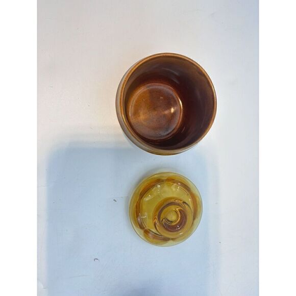 Vintage MCM Japanese Stoneware Small Yellow Crock with Brown Lid Sugar Bowl Butt - Picture 5 of 15